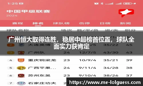 广州恒大取得连胜,稳居中超榜首位置,球队全面实力获肯定